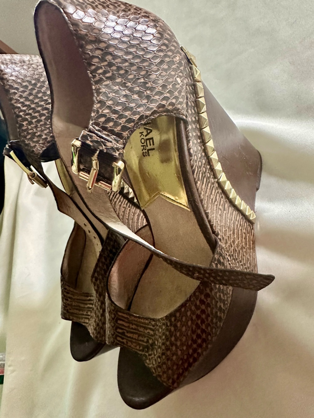 Michael Kors Brown Textured Wedge Sandals with Gold Accents